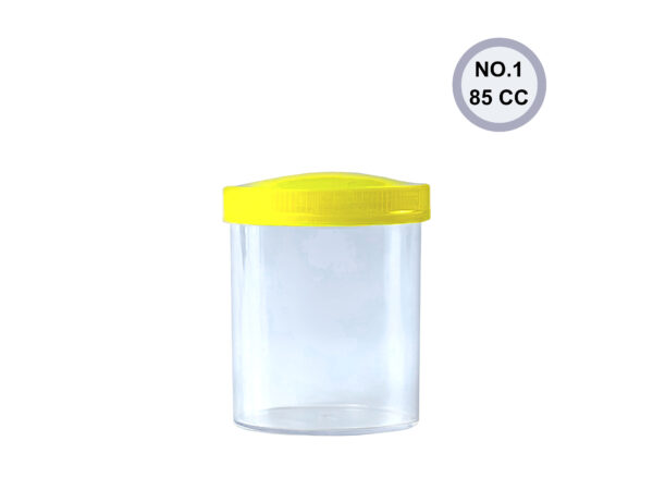 Specimen Container Bottle Plastic Clear Yellow lid 85 cc.