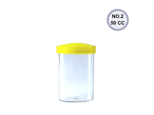 Specimen Container Bottle Plastic Clear Yellow lid 85 cc.